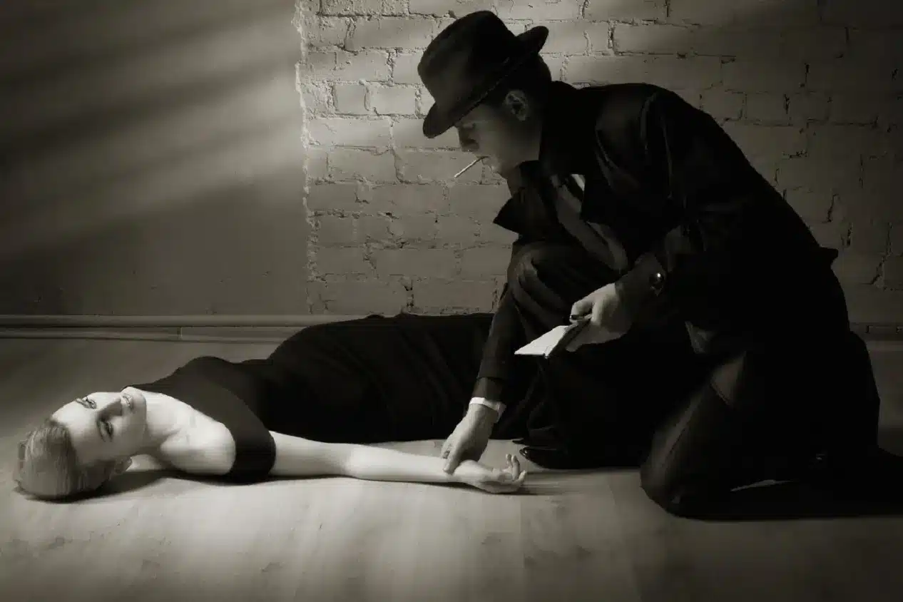 The Murder Mystery Scene is Set! Murder Mystery Scene with detective and victim