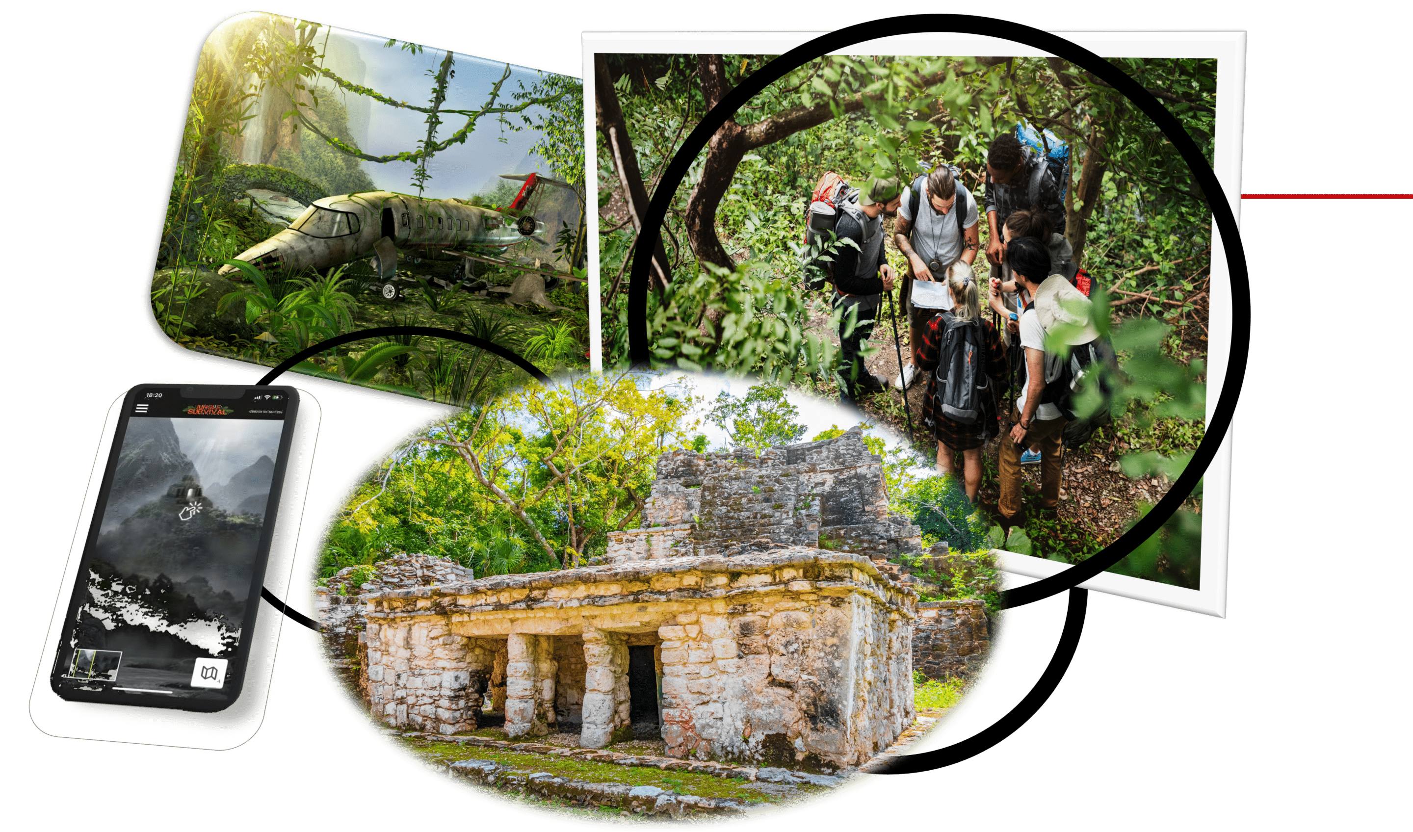 Jungle Survival collage of wrecked plane in jungle with lost people looking at a map