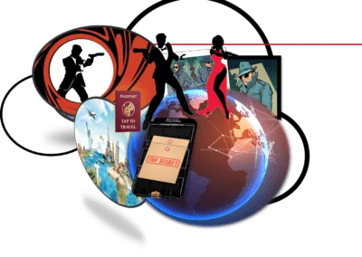 Spy Training School with world travelers, passports, guns, silencers and top secret dossier.