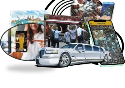Explorer Series Collage of people exploring and having fun in various locations and forms of transport, such as limousines.
