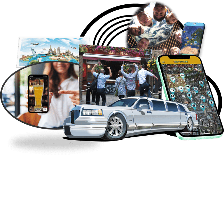 Explorer Series Collage of people exploring and having fun in various locations and forms of transport, such as limousines.