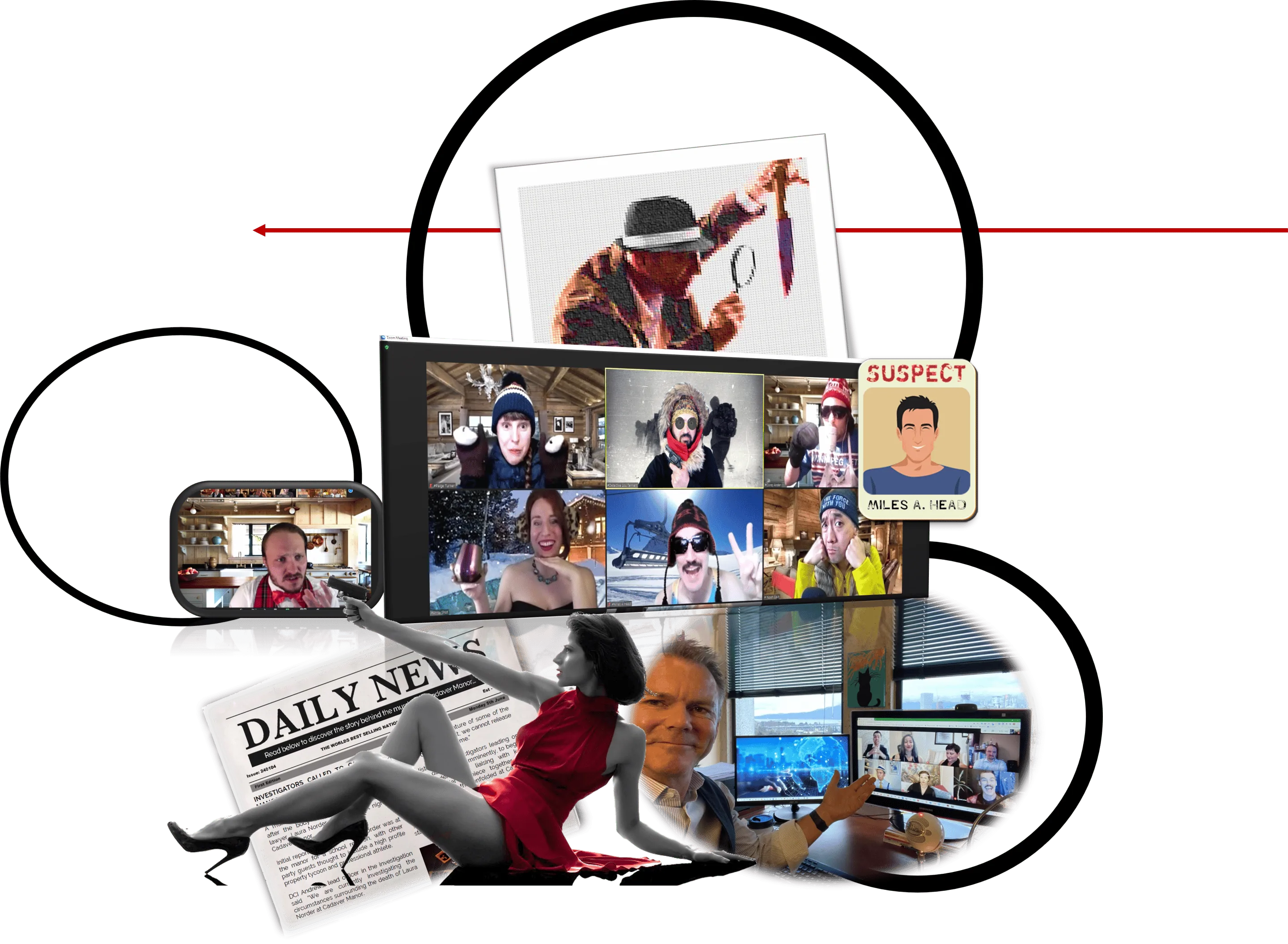 Virtual Murder Mystery Collage of teambuilding