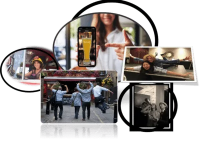 Collage of people having fun exploring urban bars and games.