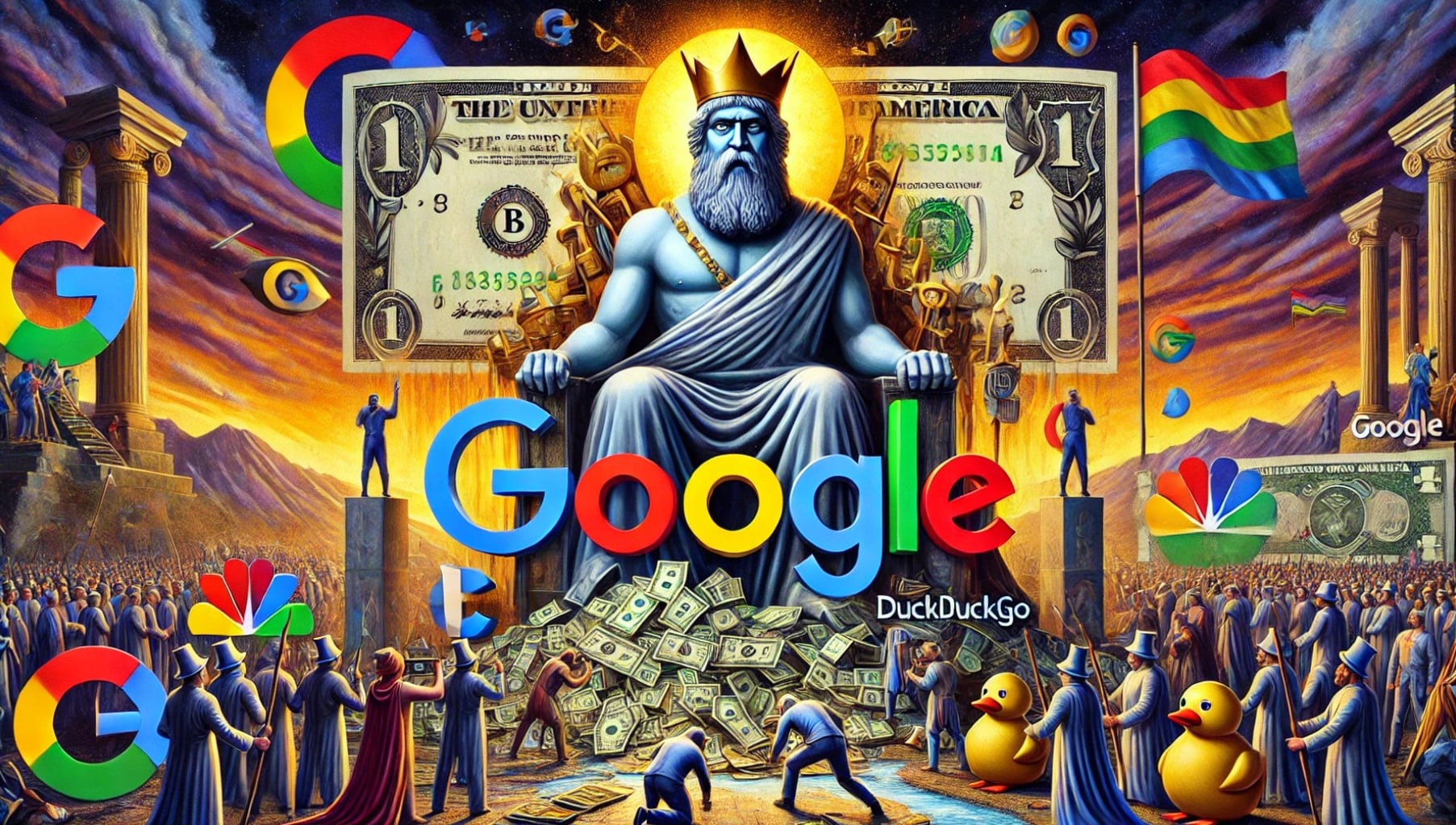 The power of Google has become Godlike and this vision depicts it perfectly. Google, the God, sits on a throne while helpless angel works hard to save humanity.