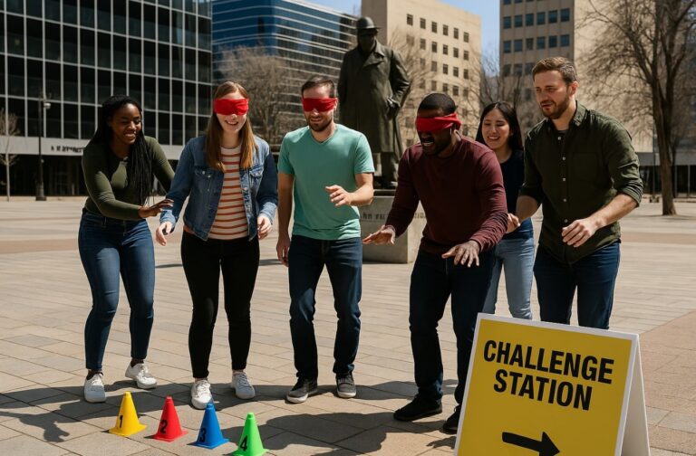 Amazing Race Challenge blindfolded in Edmonton - Sir Winston Churchill Square.