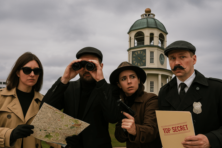 A fun team in halifax solving a spy game mystery with the famous clock in the background