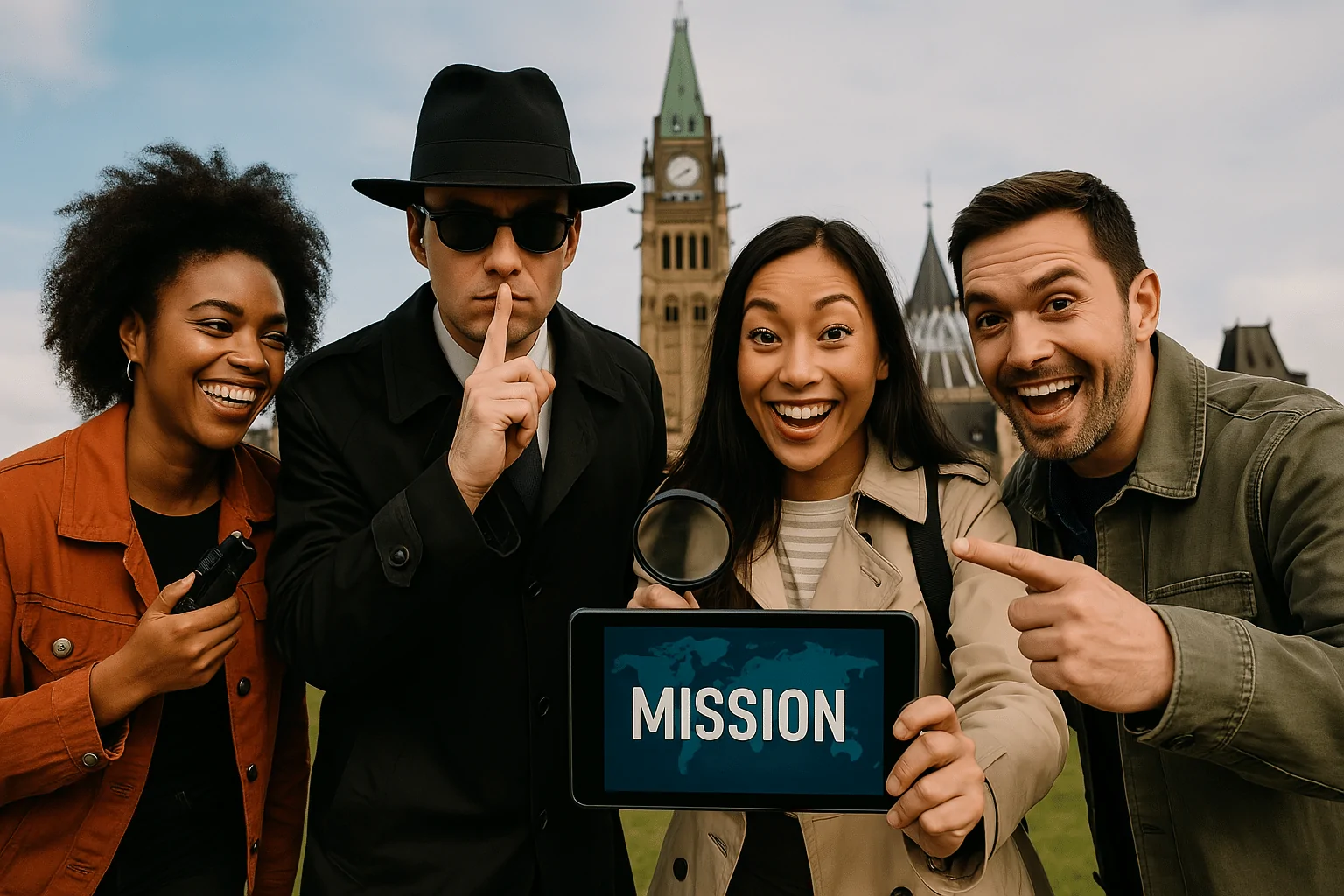 Team of fun particpants playing a spy game mission with the parliament builds in the background