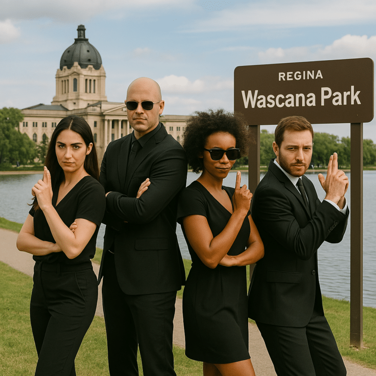 Team of spy gamification participants doing a scavenger hunt in Wascana Park