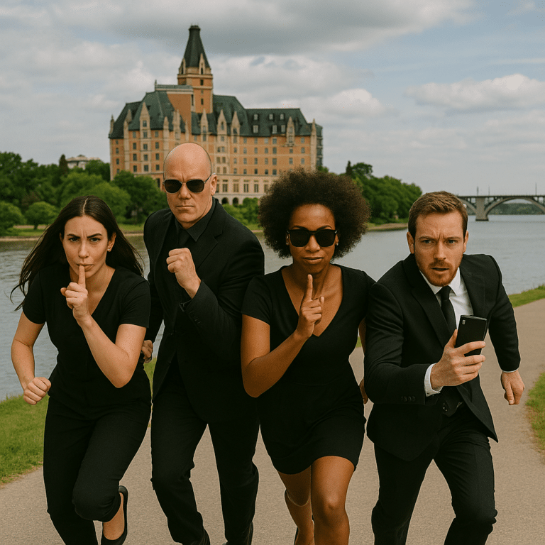 Group playing a spy game on the river in Saskatoon