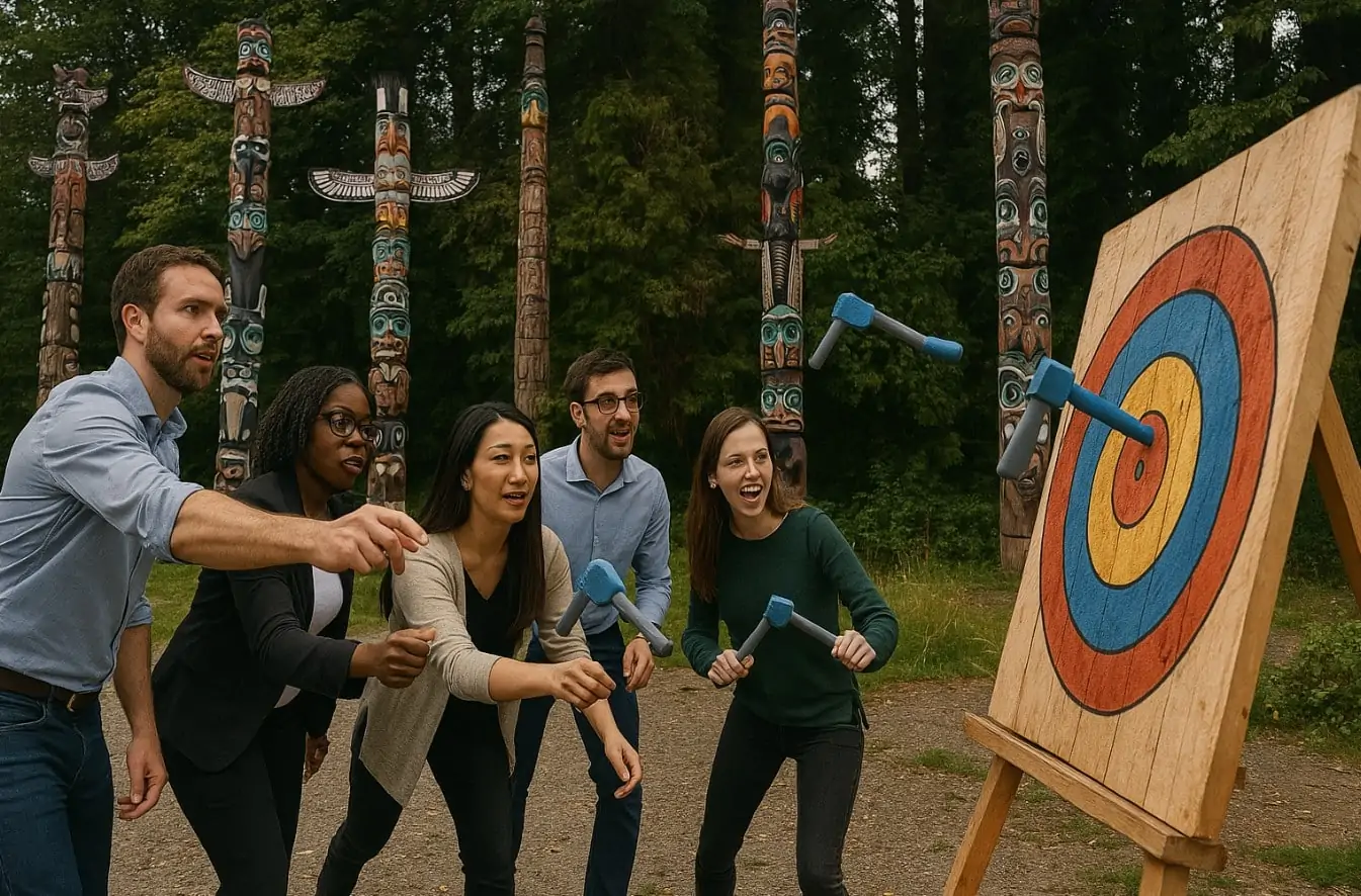 Team-building fun throwing nerf axes in Stanley Park