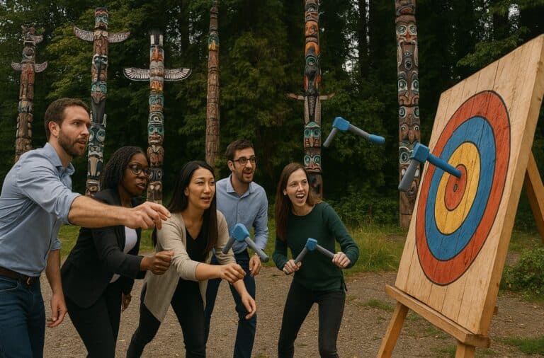 Team in Stanley park doing an amazing race challenge throwing nerf axes.