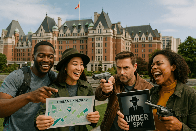 Group of Victoria team-building doing a mystery, scavenger hunt and game.