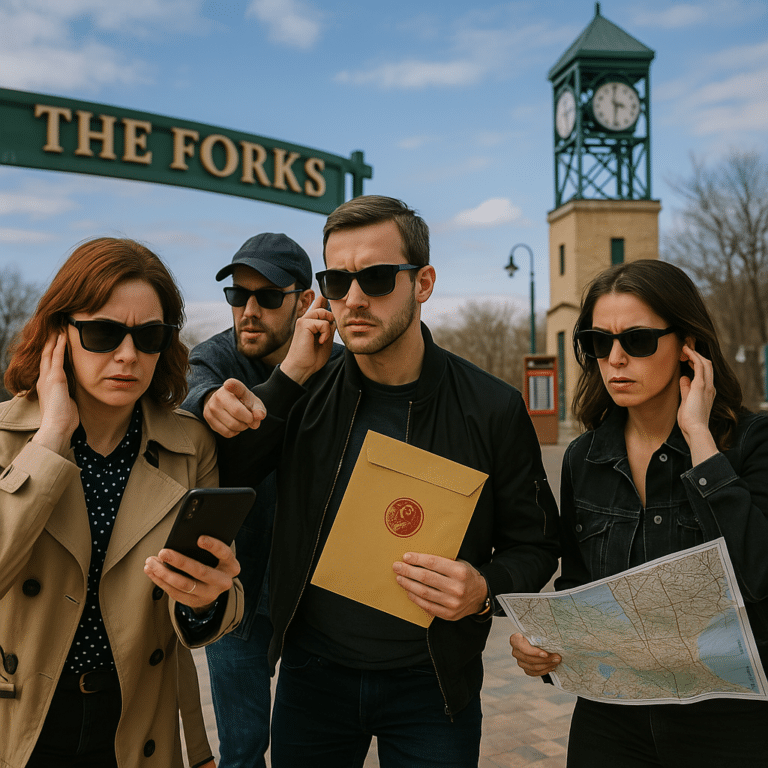 Team of employees having fun playing a Slixer spy game arounf the Forks.