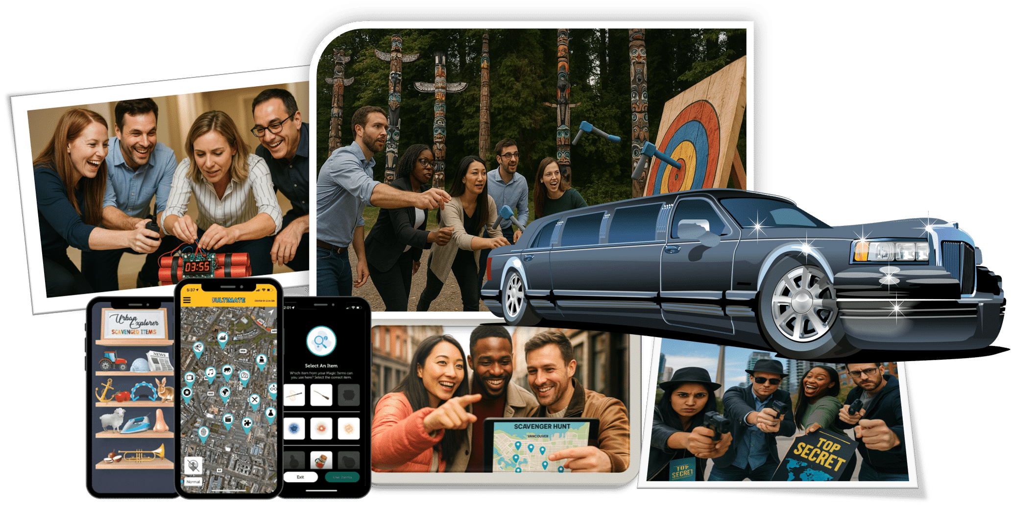 Teams having fun doing scavenger hunts, amazing races, explorers and limo hunts.