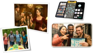 Groups of people enjoying a murder mystery, and amazing race event, an urban explorer plus the technology used.