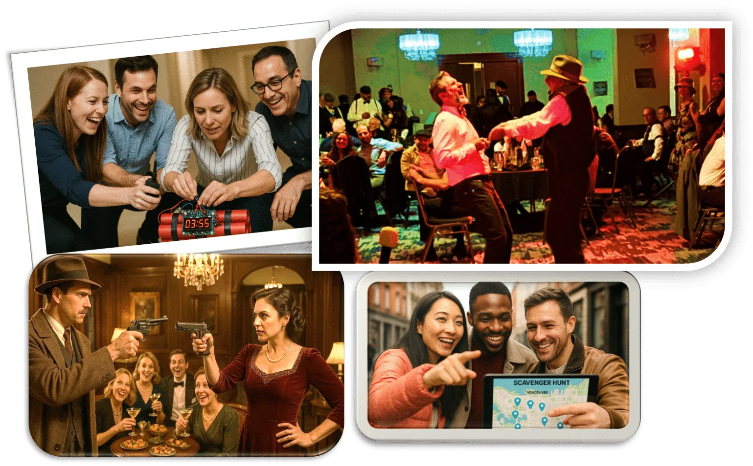 A collage of various team-building events with murder mystery, scavenger hunts, spy games and more